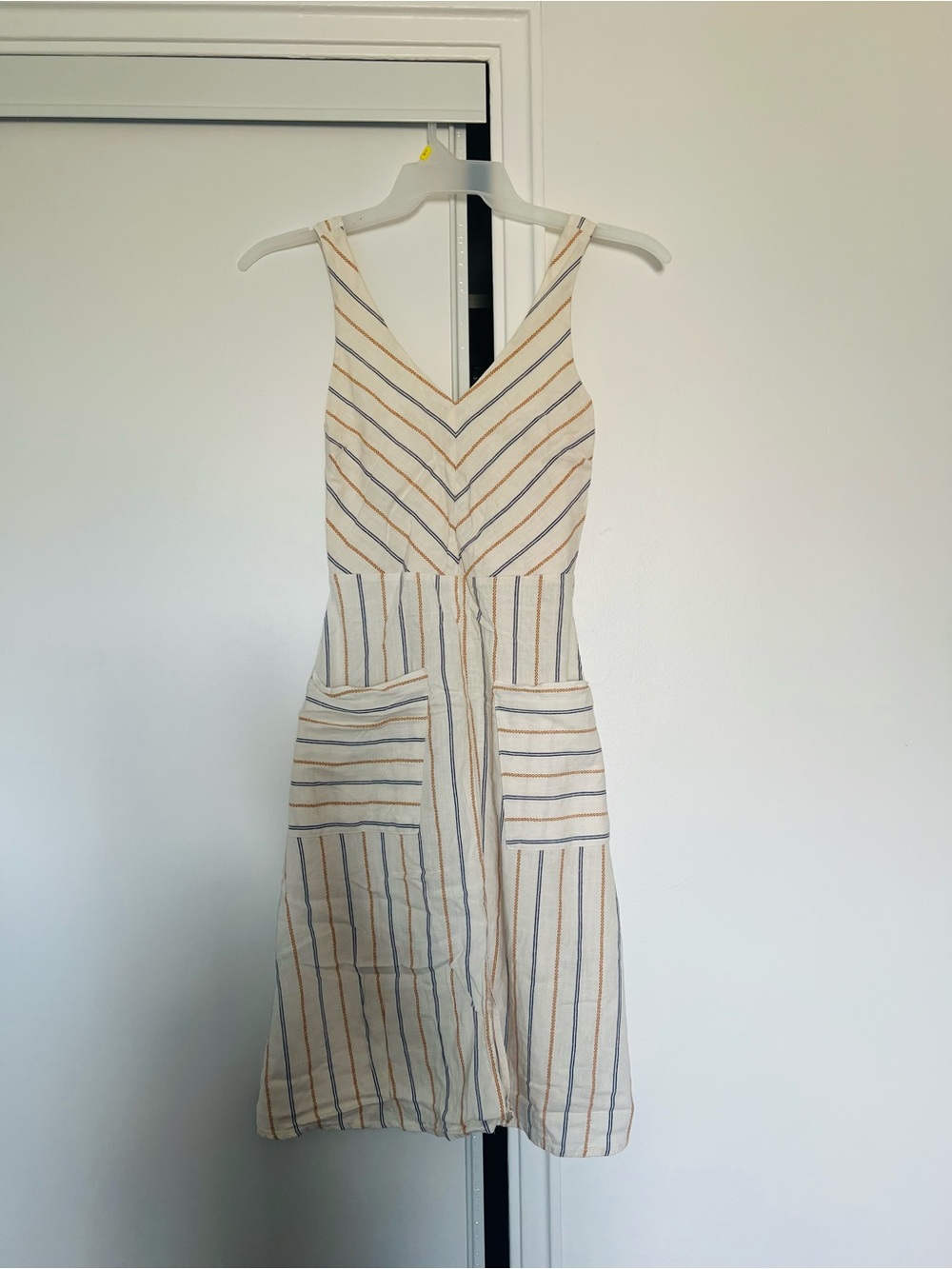 Monteau Linen Cream Midi Dress with Blue and Tan Stripes